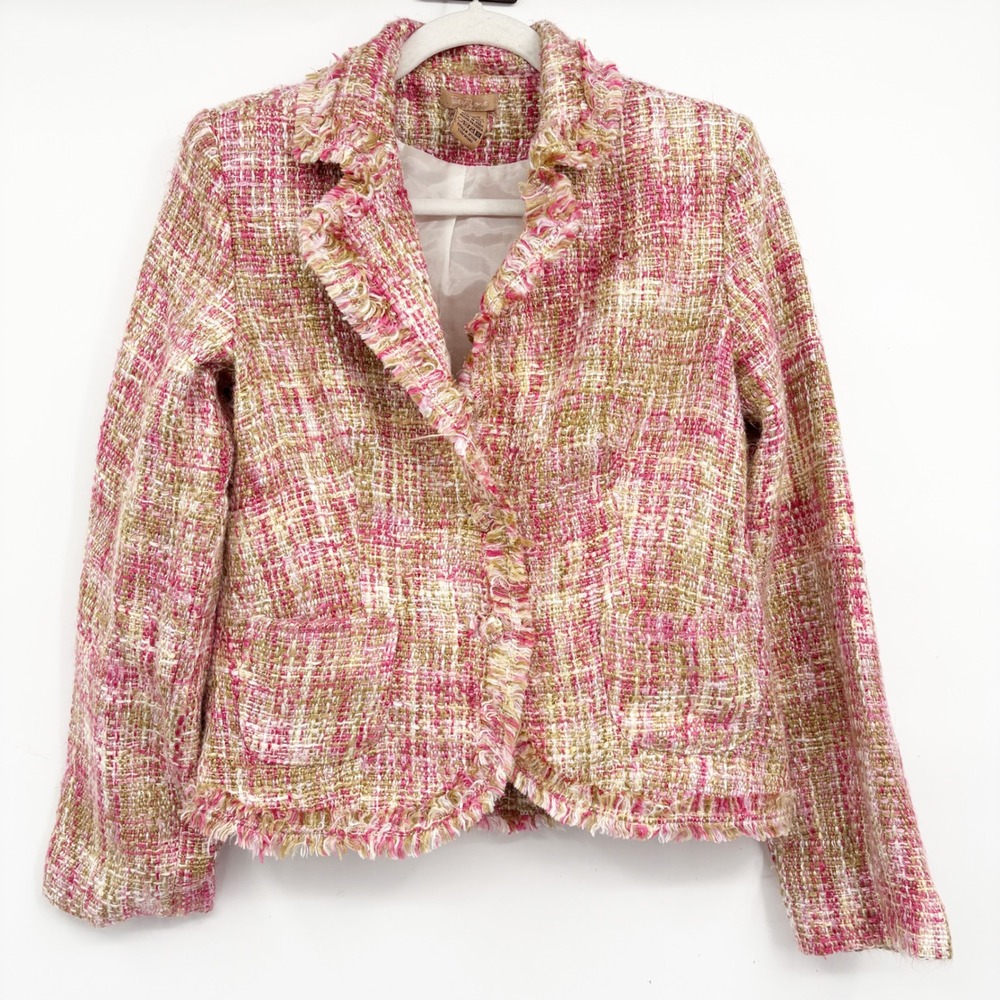 Forever 21 Womens Pink Y2K Tweed Frayed Raw Edge Preppy Academia Blazer Jacket L